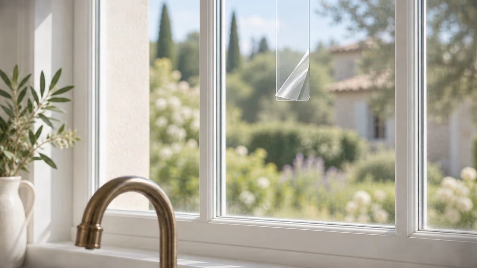 Bande collante transparente plaquée sur la vitre d'une fenêtre de cuisine, corbeille de fruits floue sur le plan de travail