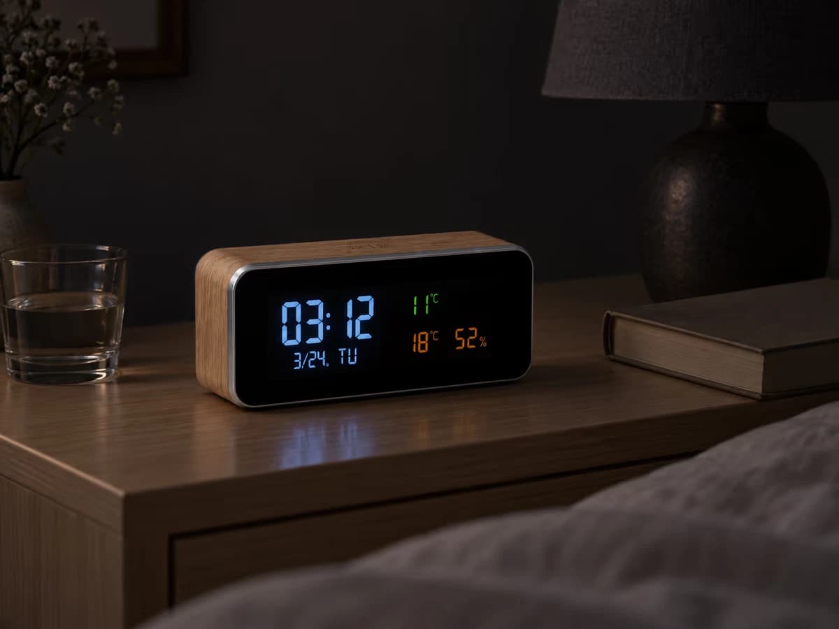 Station météo de chevet à habillage bois clair, écran en rétroéclairage faible, lampe éteinte à côté