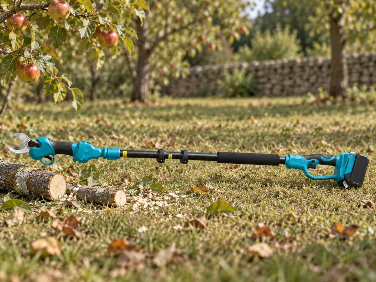 Tronçon de branche de pommier fraîchement coupé sur l'herbe, perche posée au sol à côté