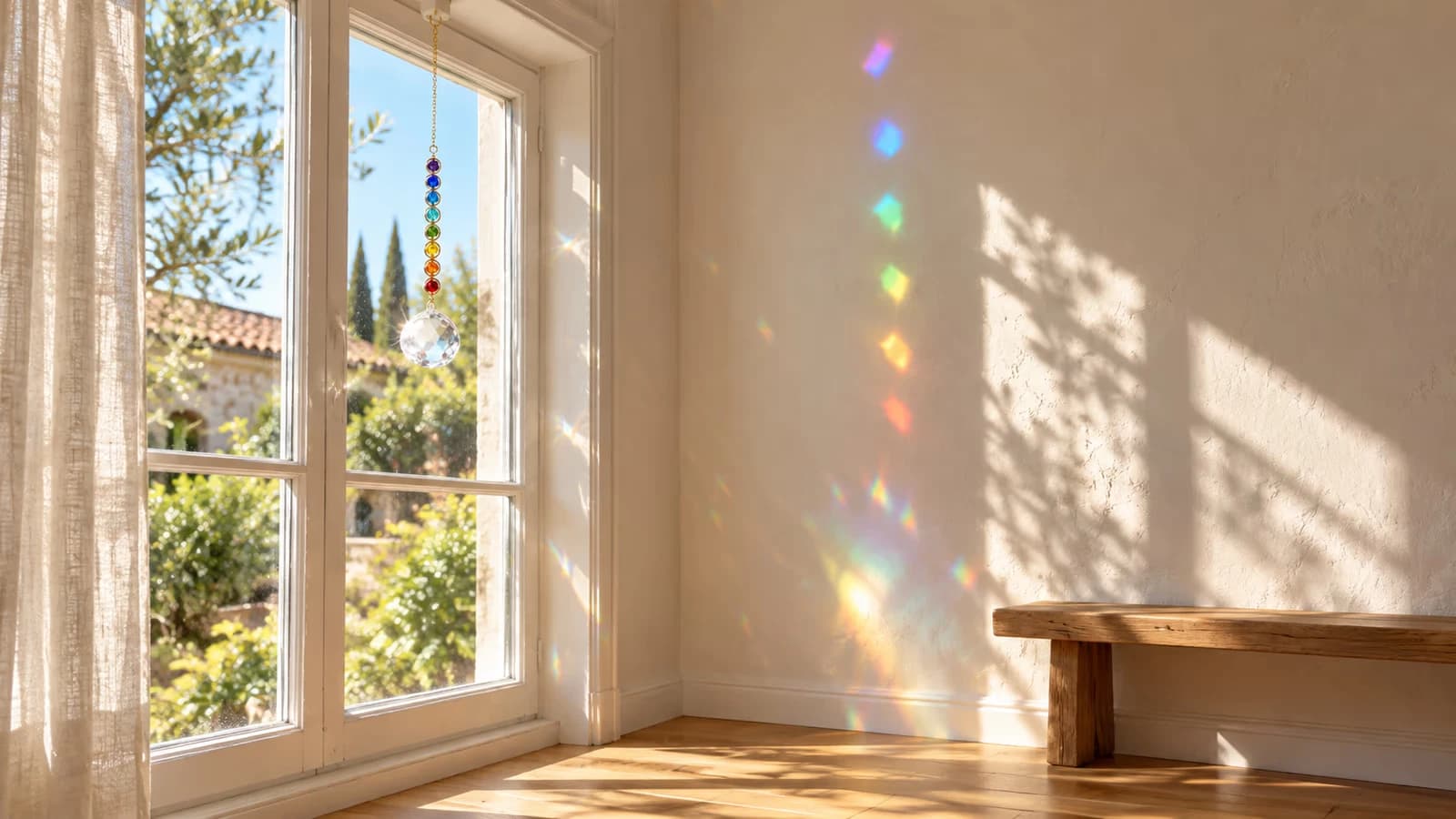 Suspension à sept pierres colorées devant un carreau, traînée de taches lumineuses posée sur le mur d'en face