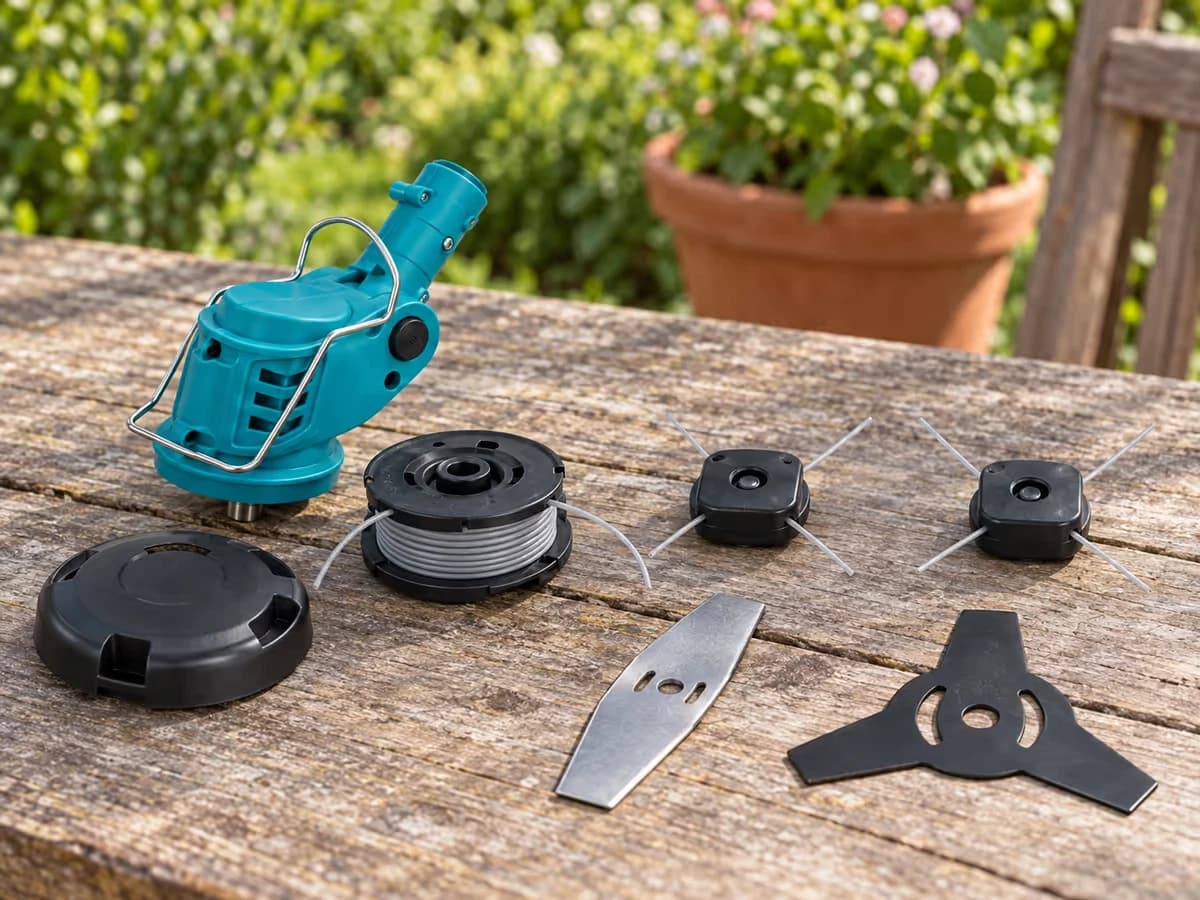 Tête de coupe ouverte posée sur une table de jardin, bobine de fil nylon et lames rangées à côté, lumière du matin