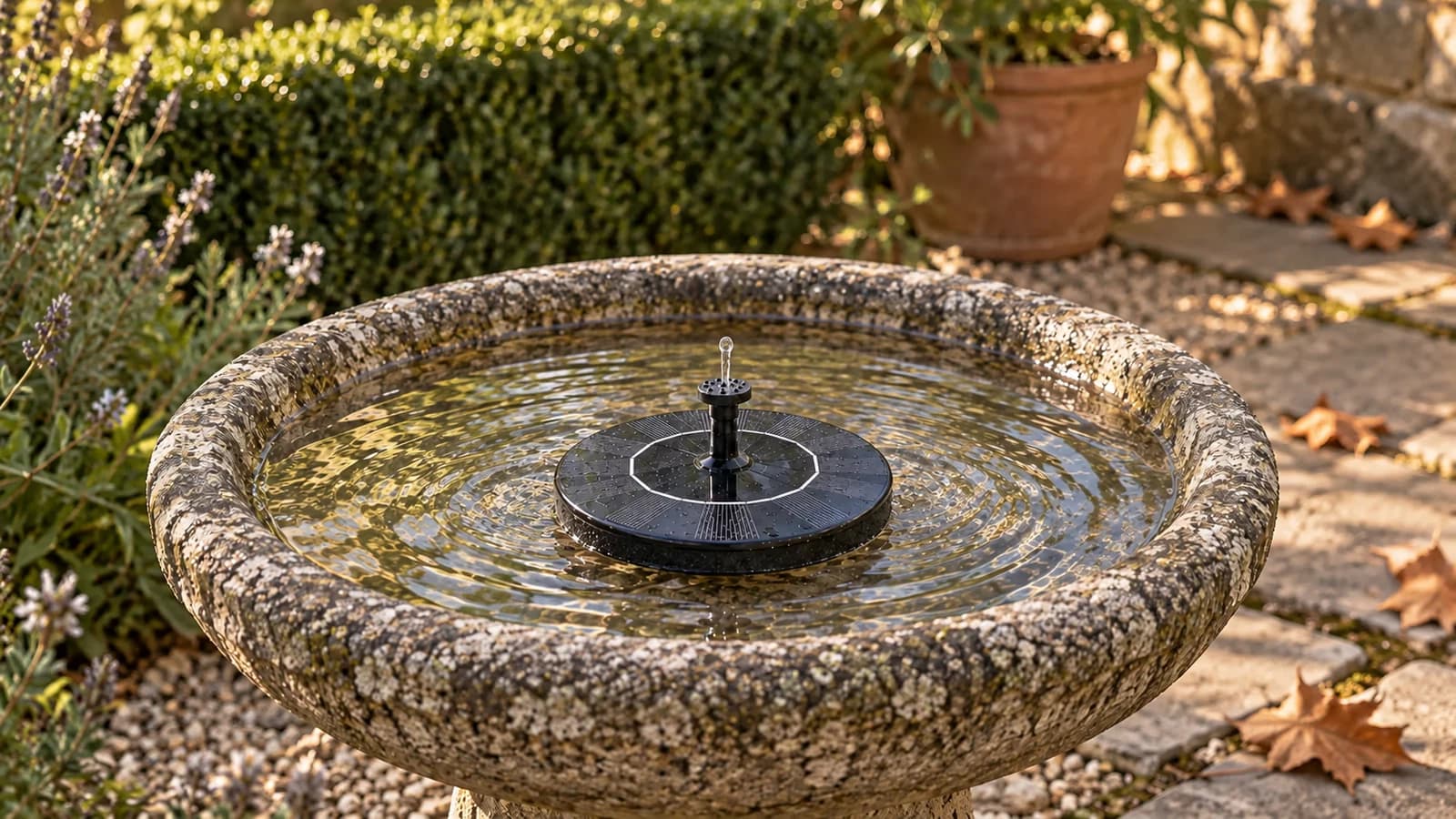 Disque solaire flottant posé sur l'eau d'une vasque en pierre, mince filet d'eau qui retombe dans la vasque