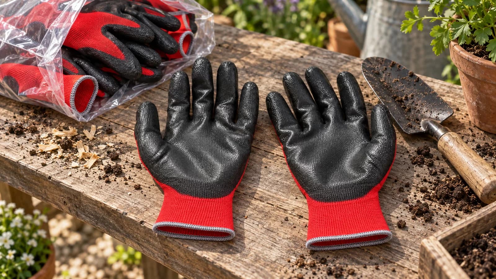 Sachet de gants de jardinage noirs ouvert sur un établi, une paire dépliée paume vers le haut devant un transplantoir