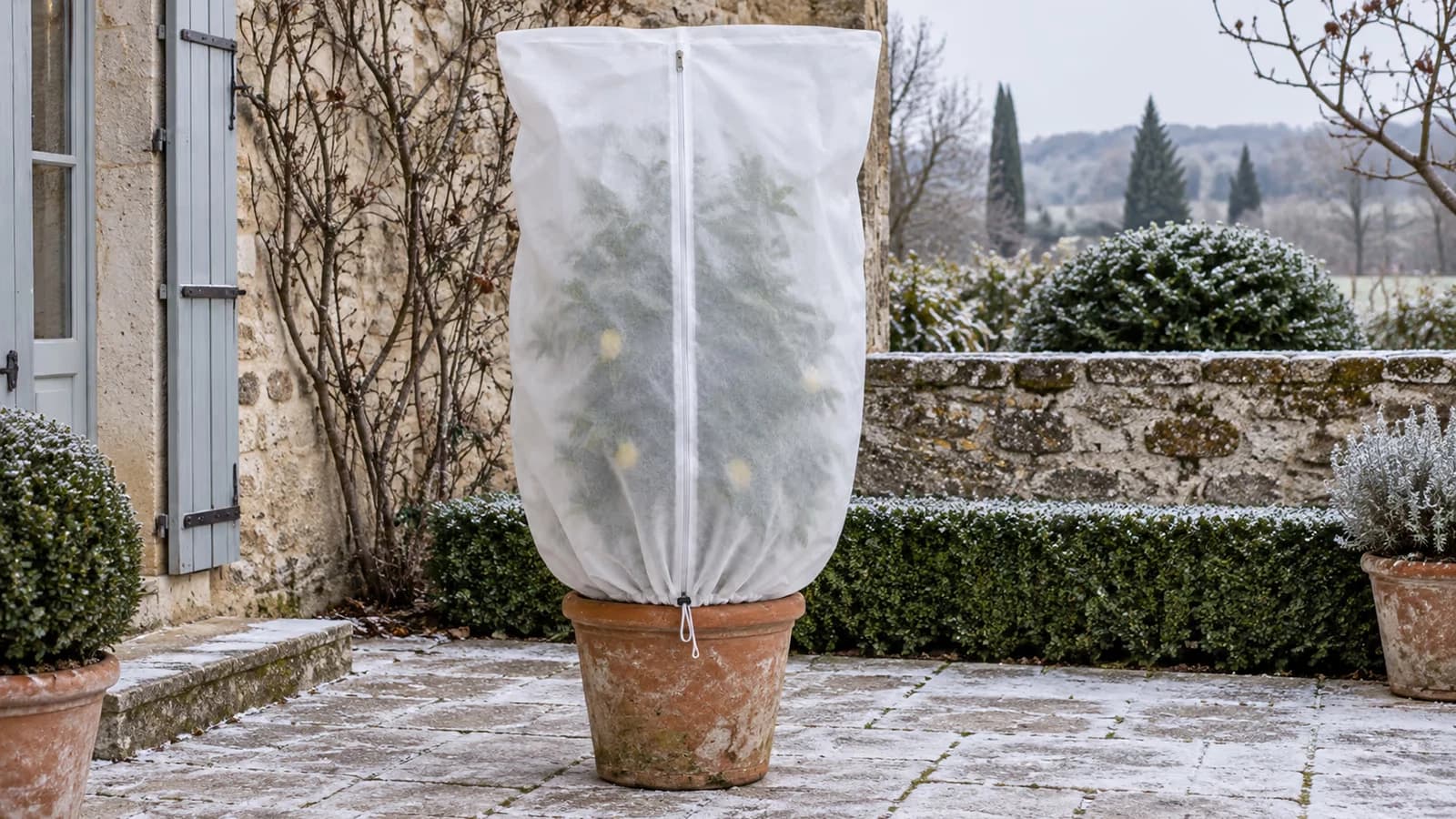 Housse d'hivernage blanche fermée autour d'un agrume en pot sur une terrasse d'hiver