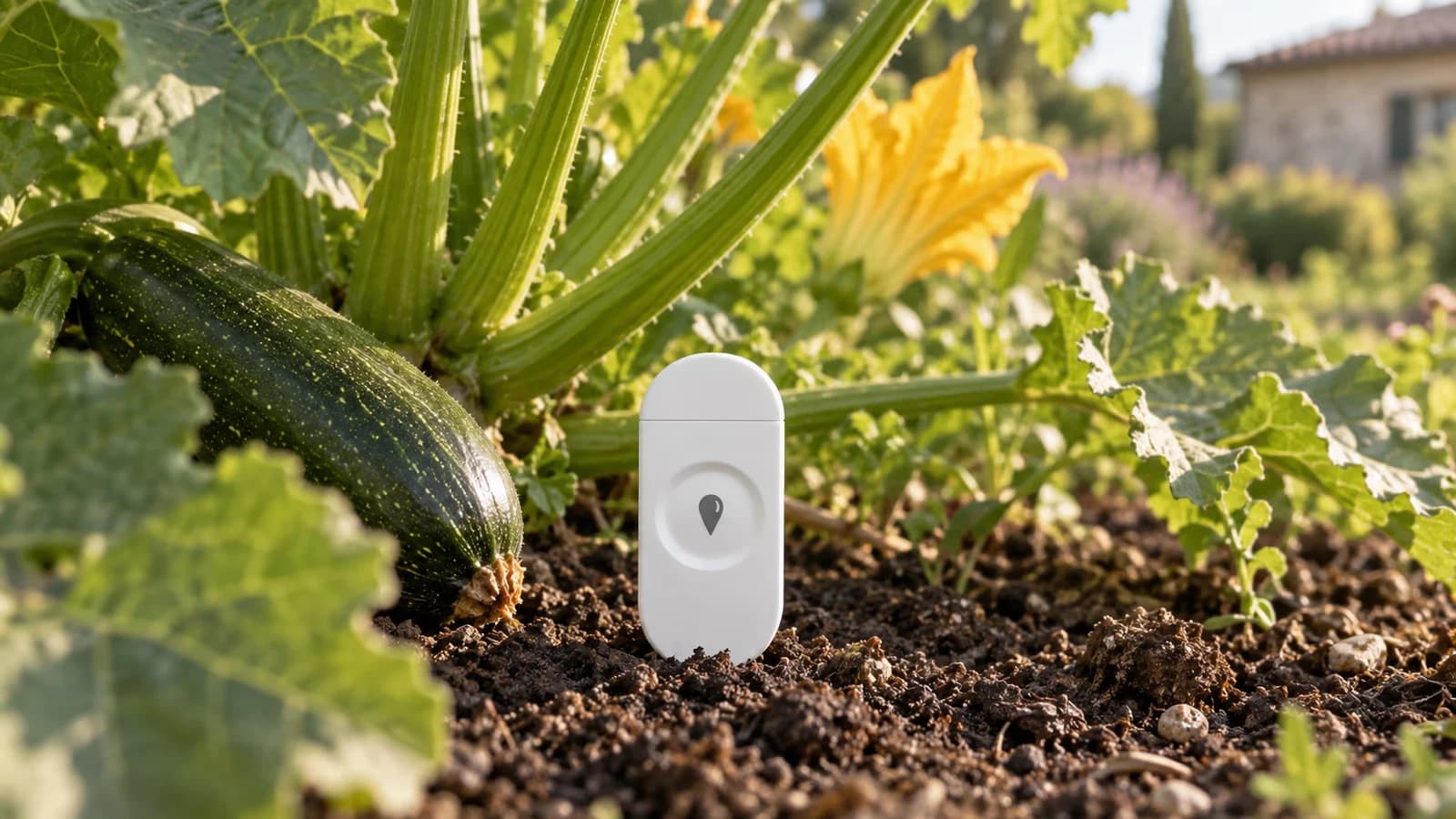 Capteur de sol blanc planté dans une terre fine au pied d'un plant de courgette, boîtier hors de terre, lumière rasante du matin