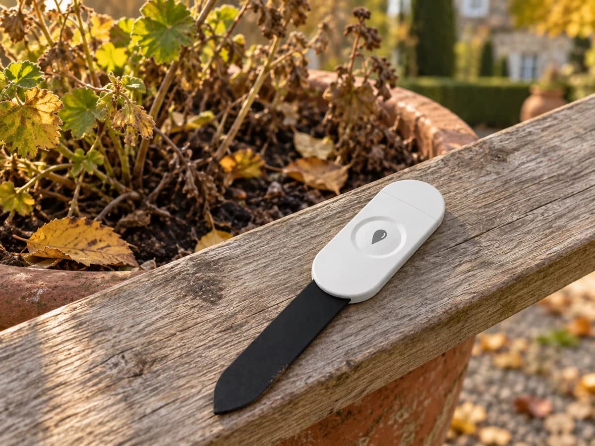 Capteur de sol blanc posé sur une planche de bois au bord d'une jardinière en fin de saison, lame essuyée, feuillage jauni derrière
