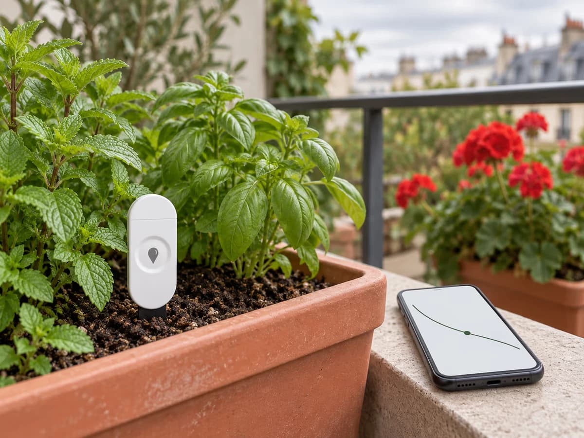 Capteur blanc planté dans une jardinière de balcon, téléphone posé sur la margelle affichant une courbe d'humidité sans texte, géraniums en arrière-plan