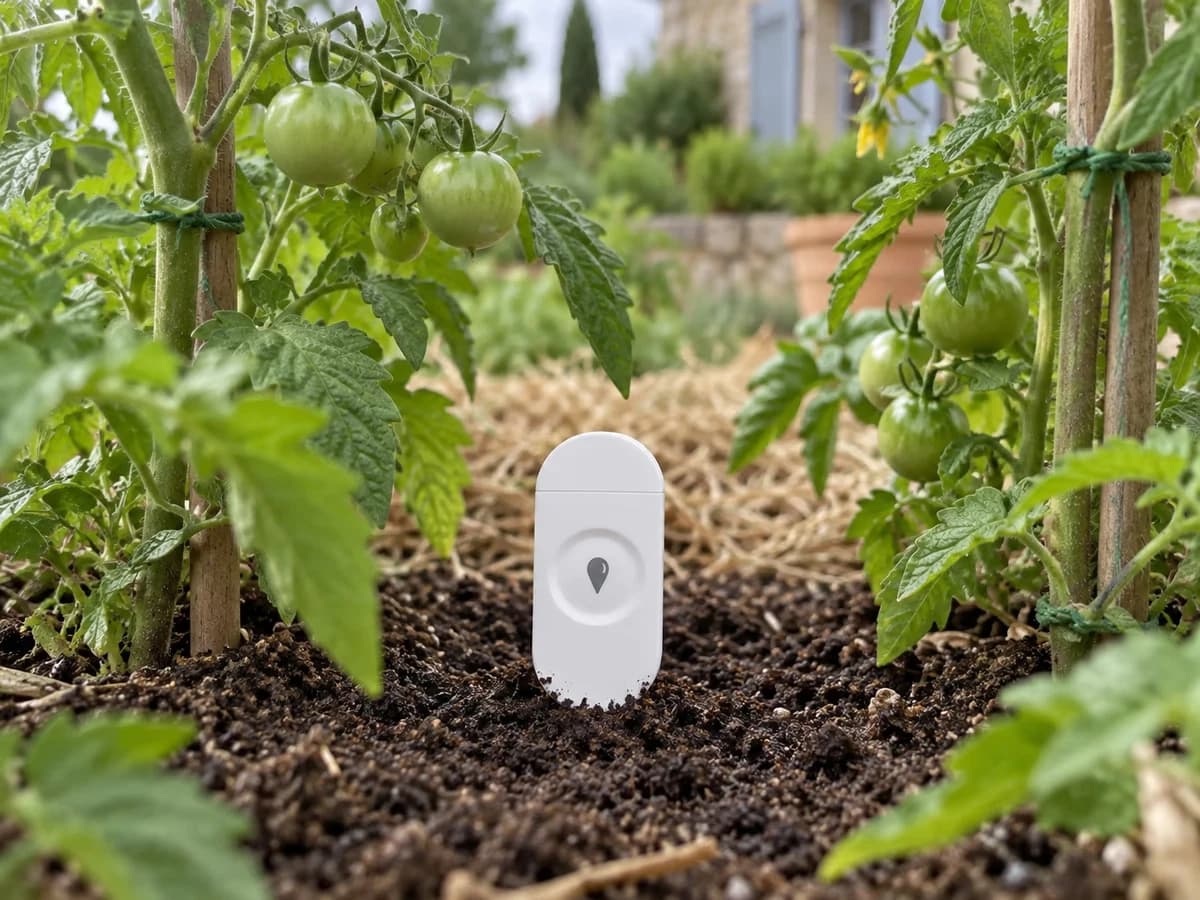 Capteur de sol blanc enfoncé dans une terre fine entre deux pieds de tomate, boîtier vertical dépassant du sol, paillage de tontes en arrière-plan