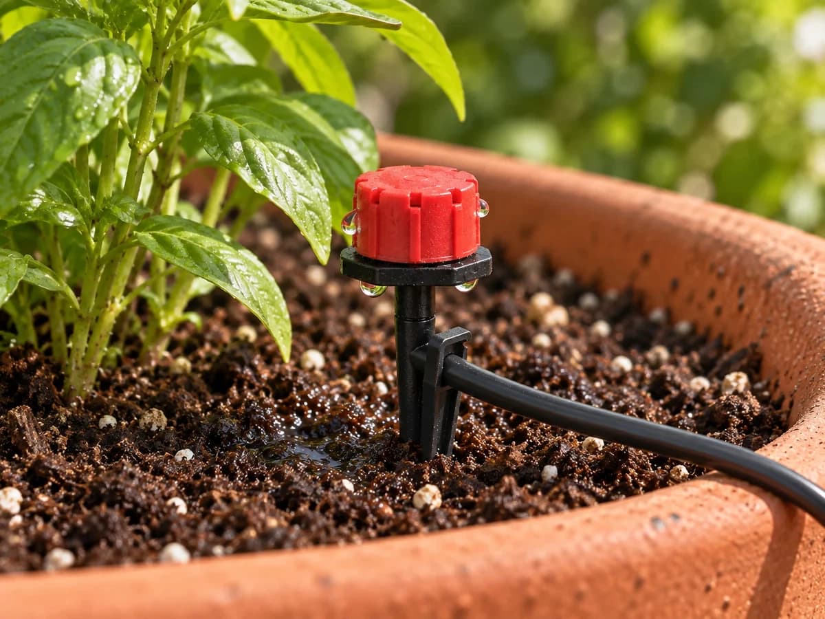 Piquet planté dans le terreau d'une jardinière, goutteur réglable à tête vissée, à quelques centimètres du pied