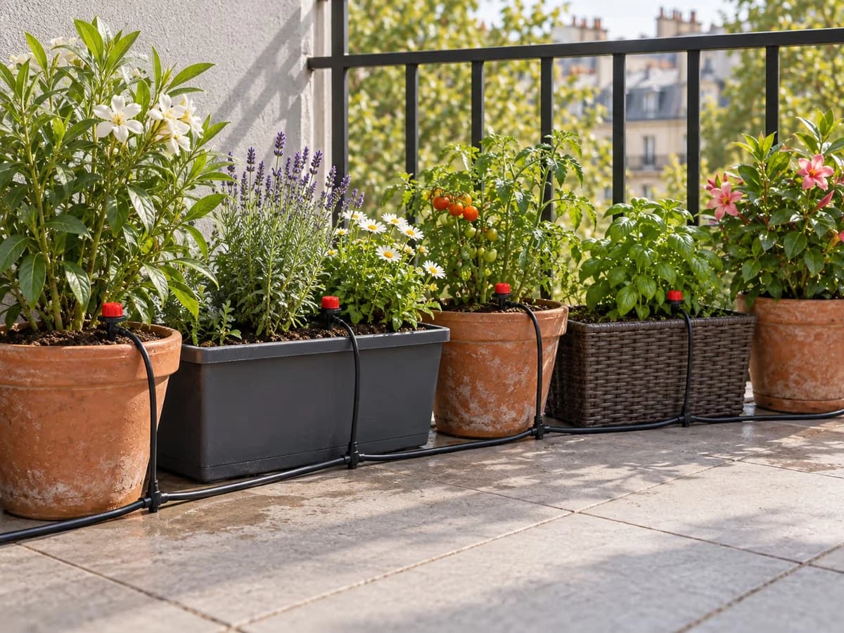 Tuyau noir fin serpentant entre des jardinières alignées contre un garde-corps, goutteurs rouges devant chaque plante
