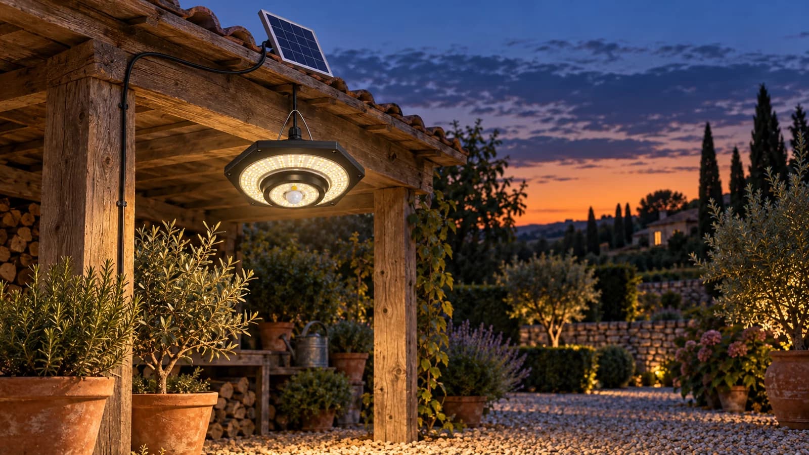 Lampe solaire suspendue accrochée sous la panne d'un appentis, allumée à la tombée du jour, panneau solaire séparé posé sur le toit en arrière-plan