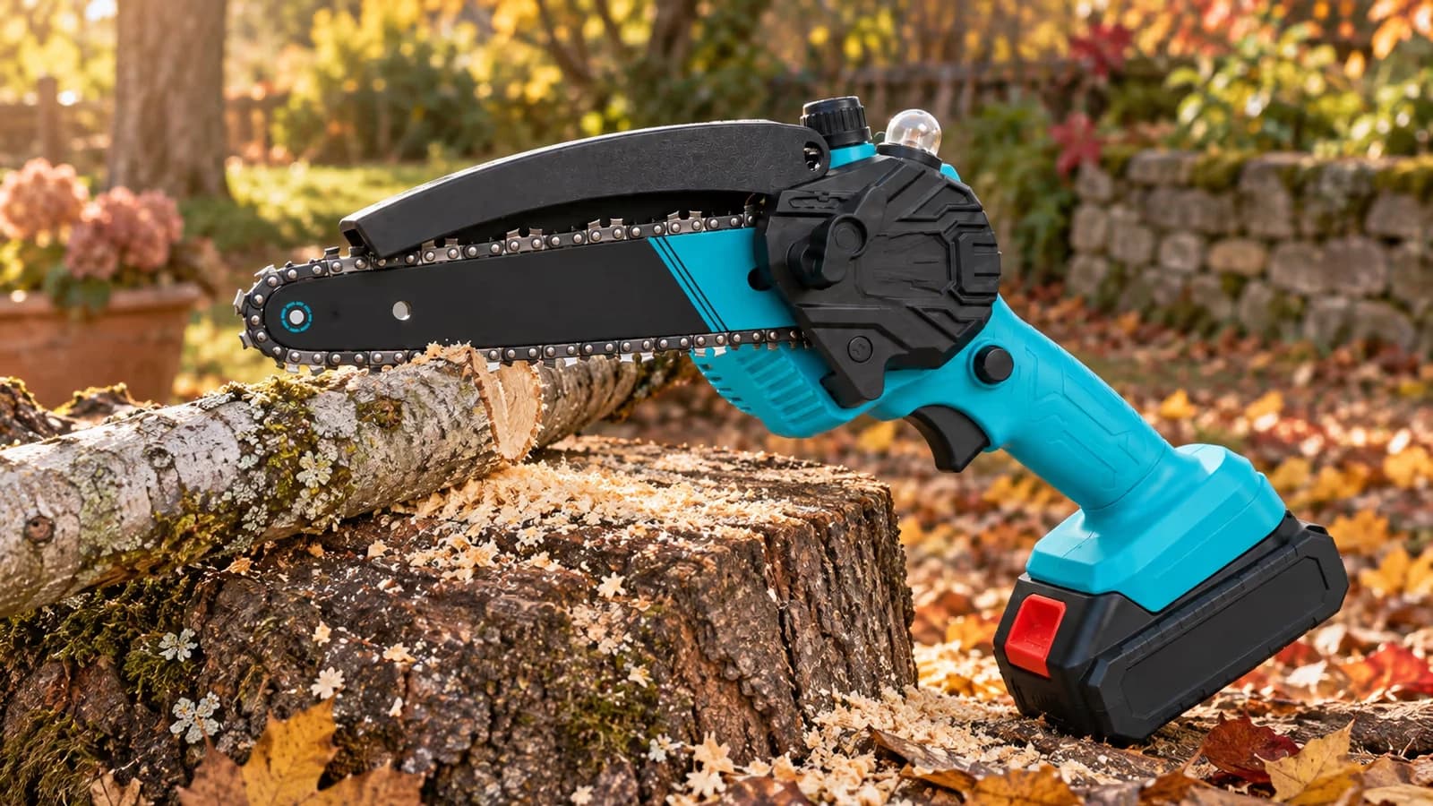 Mini tronçonneuse sans fil bleu canard posée sur un billot fraîchement coupé, guide-chaîne de 15,2 cm engagé dans une entaille, sciure pâle au sol