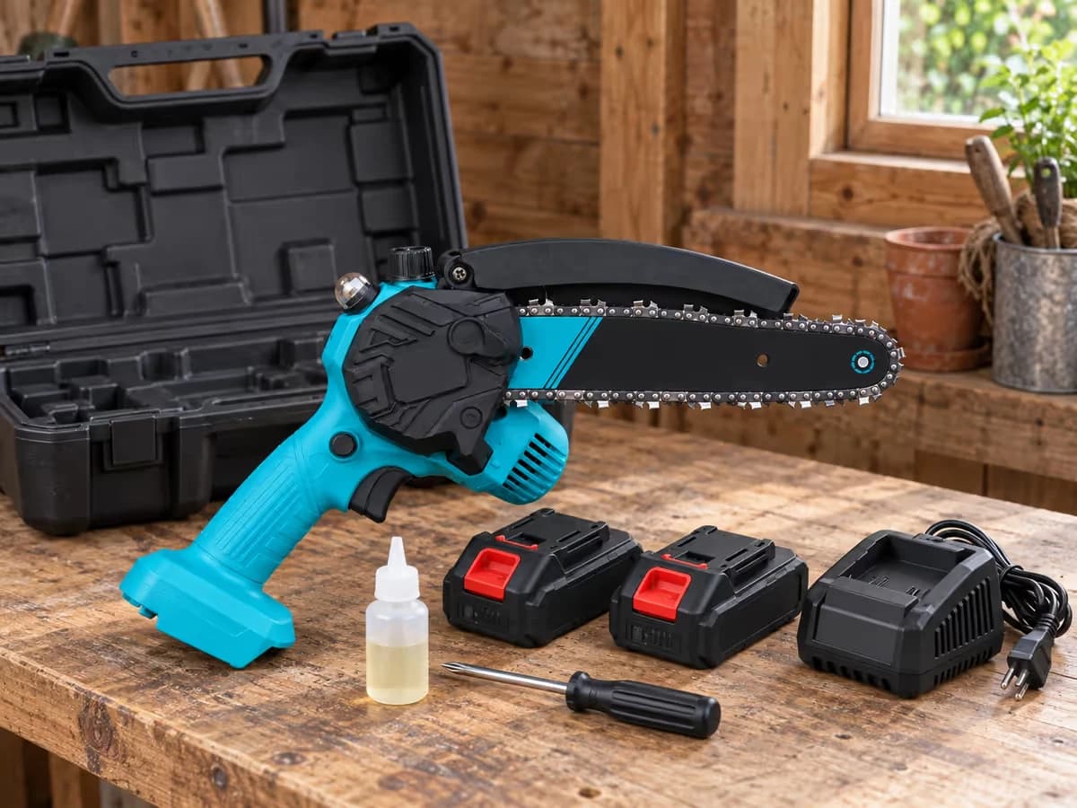 Coffret rigide ouvert sur un établi, mini tronçonneuse posée près d'un chargeur et de deux batteries lithium, bidon d'huile de chaîne et tournevis de réglage alignés devant le guide