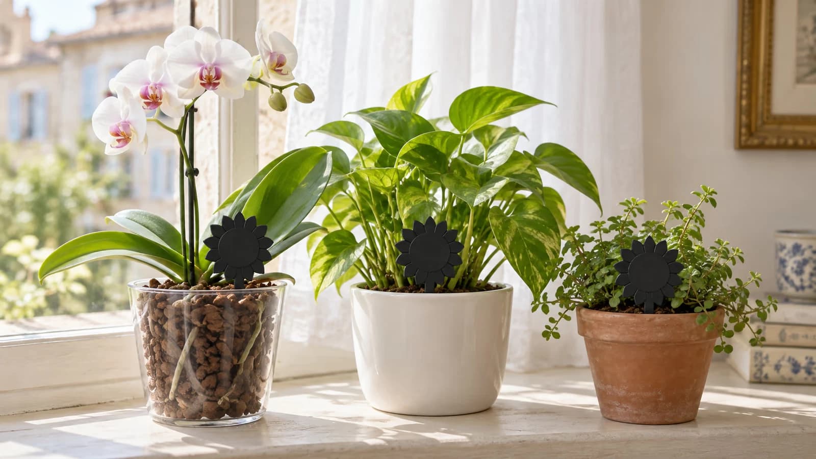 Trois plaques collantes noires en forme de tournesol plantées au ras du terreau de pots de plantes vertes, sur un rebord de fenêtre lumineux