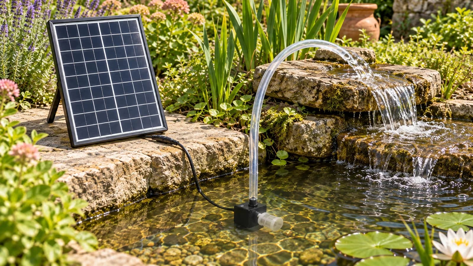 Pompe de bassin solaire à panneau déporté en fonctionnement, panneau noir dressé sur sa béquille au bord d'un bassin et jet d'eau retombant sur un empilement de pierres plates