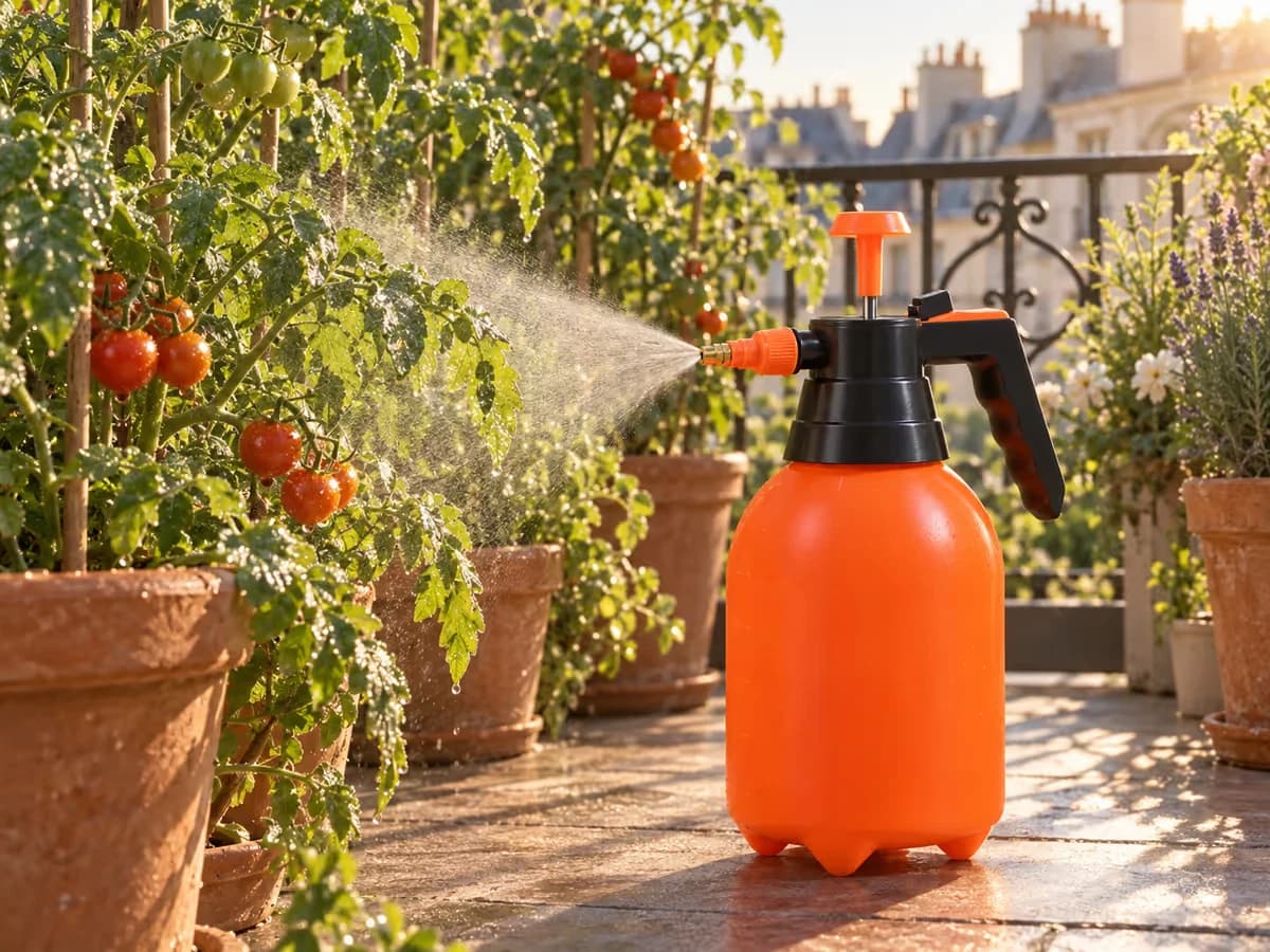 Brume fine sortie d'un pulvérisateur orange enveloppant des plants de tomates en pot sur un balcon, le matin