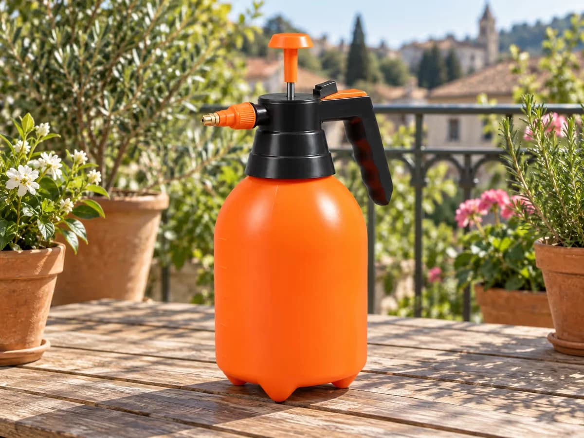 Pulvérisateur orange de 2 L posé sur ses trois pieds sur une table de balcon, poignée de pompage relevée au-dessus du bouchon noir