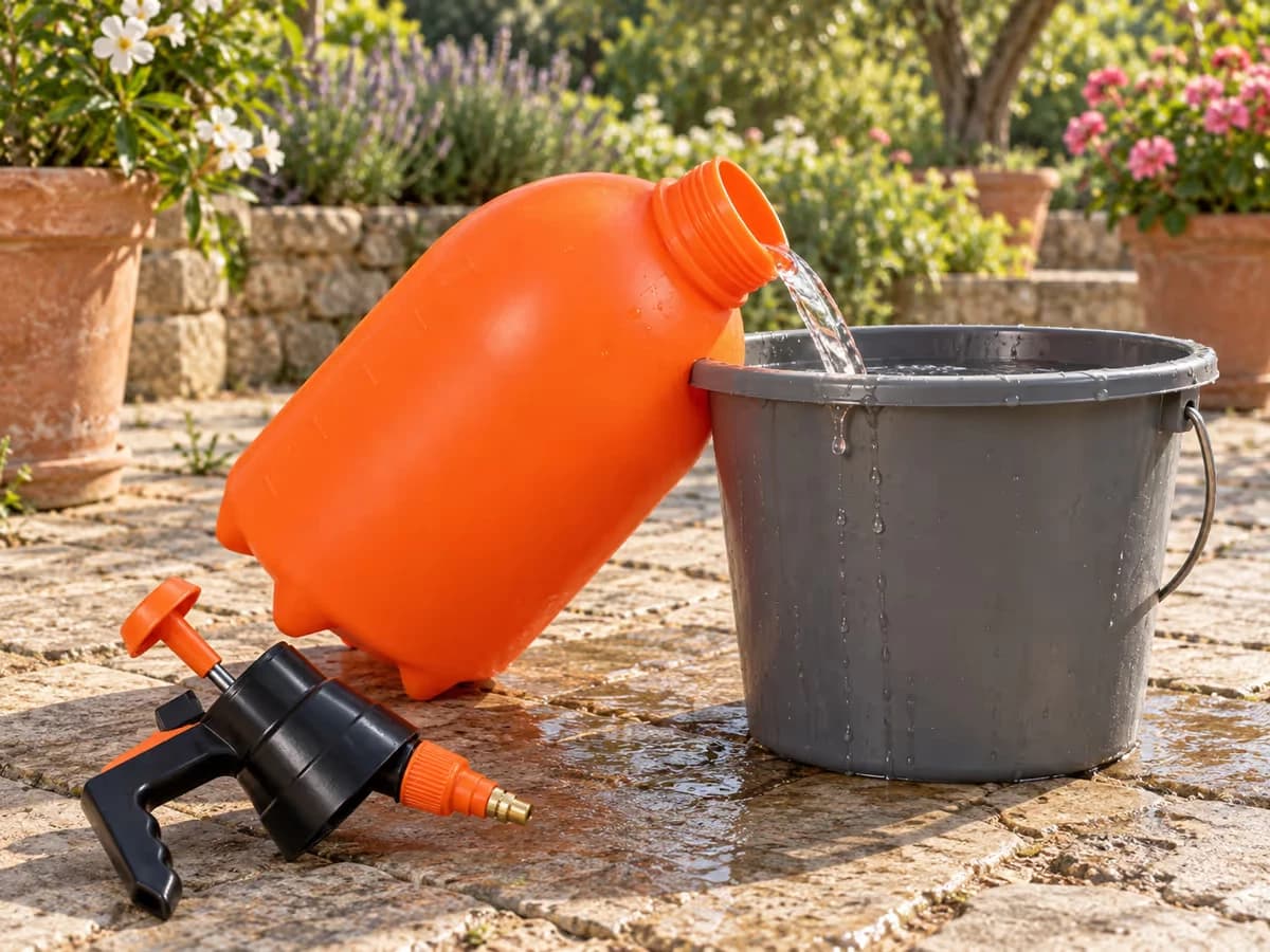 Réservoir orange de pulvérisateur rincé à l'eau claire au-dessus d'un seau, buse dirigée vers l'extérieur de la terrasse