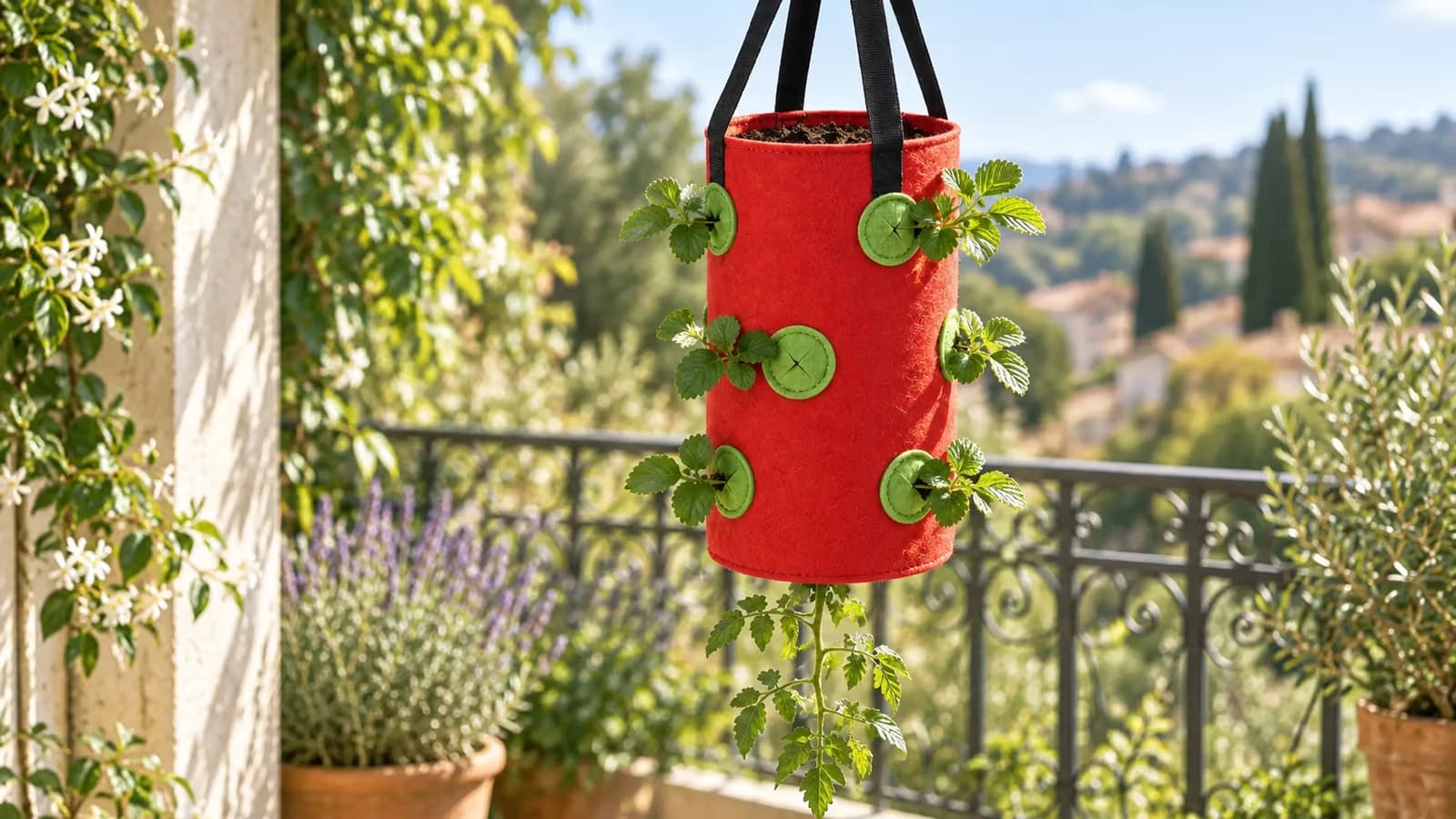 Sac de culture suspendu en feutre rouge garni de terreau, tomate cerise descendant sous le fond ouvert et fraisiers dans les poches latérales