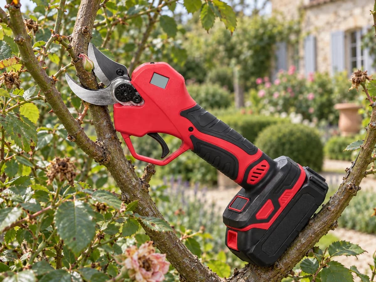Branche de rosier engagée au fond de la mâchoire d'un sécateur électrique sans fil, section nette juste au-dessus d'un œil, feuillage et bois aoûté autour