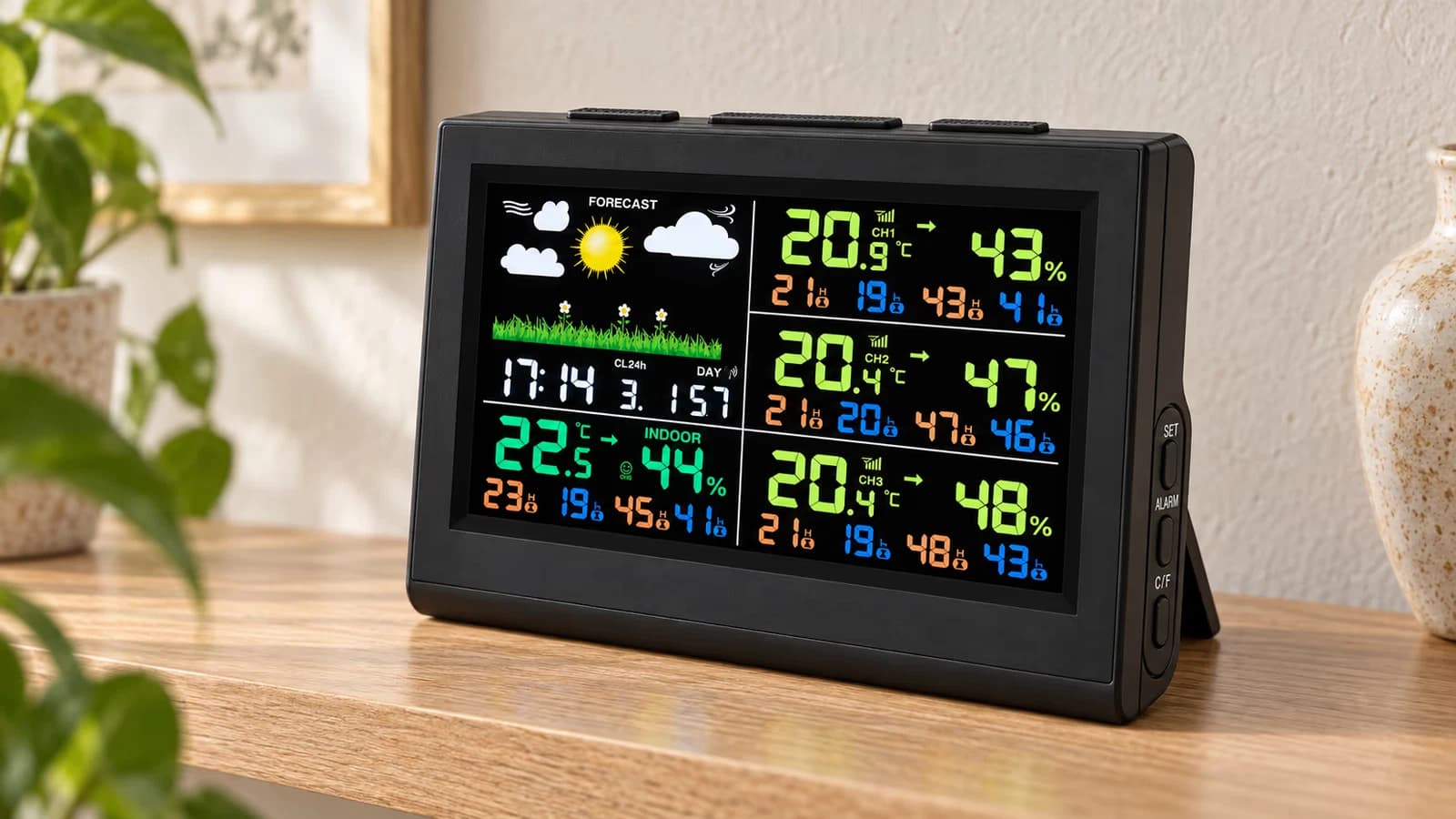 Console noire à écran couleur sur son chevalet, trois lignes de relevés lisibles, posée sur une étagère de bois clair