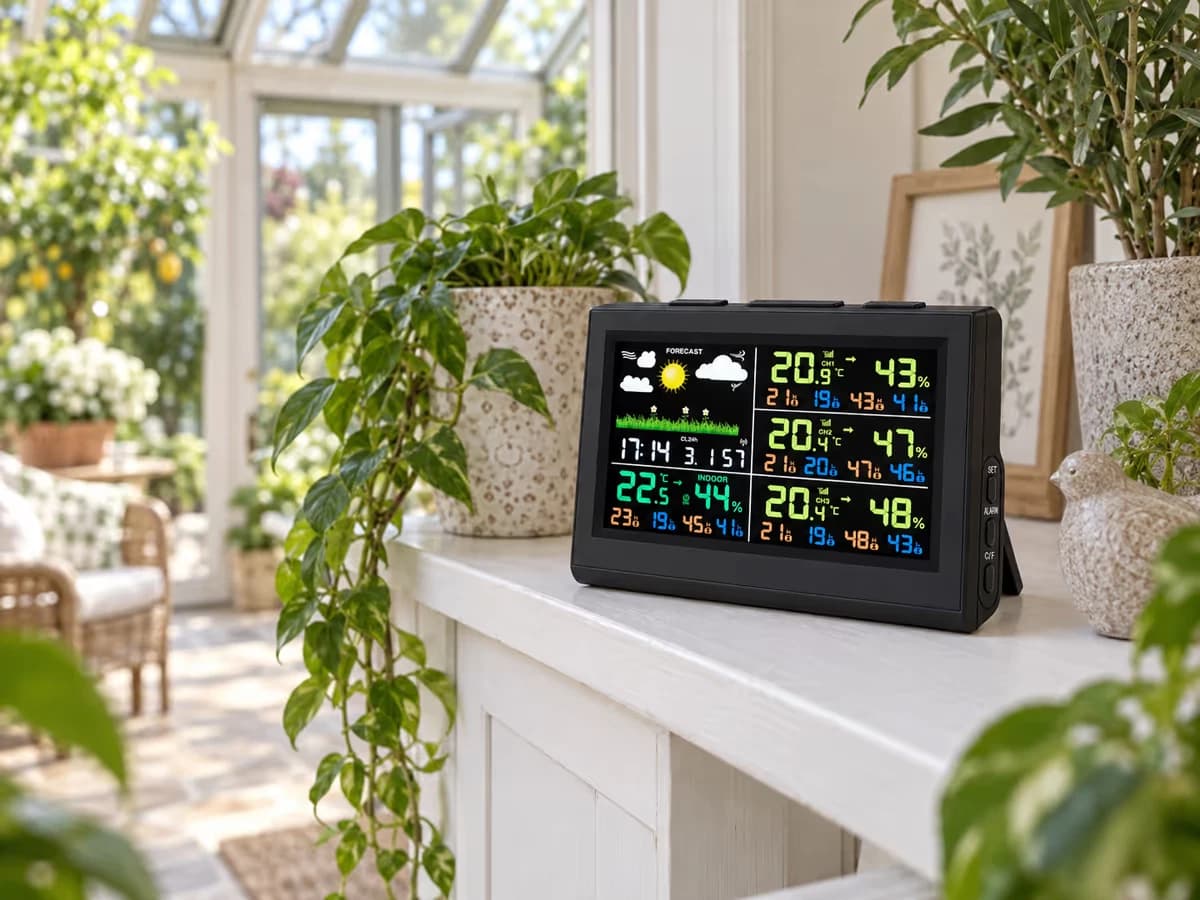 Console d'intérieur posée sur une étagère de véranda, feuillage vert autour, lumière douce de milieu de journée