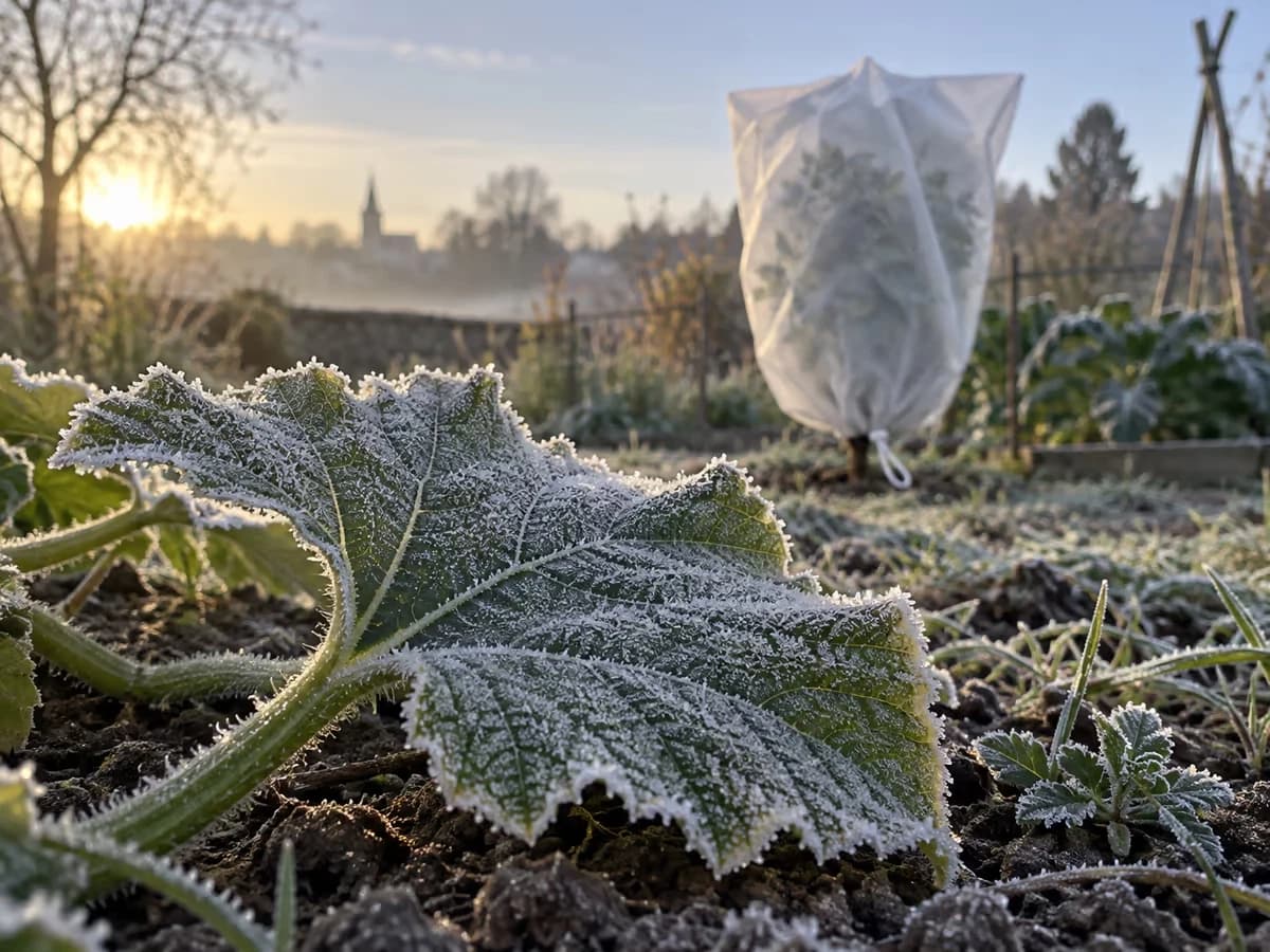 Feuille de courge couverte de gelée blanche à l'aube, voile d'hivernage blanc posé sur un arbuste en arrière-plan