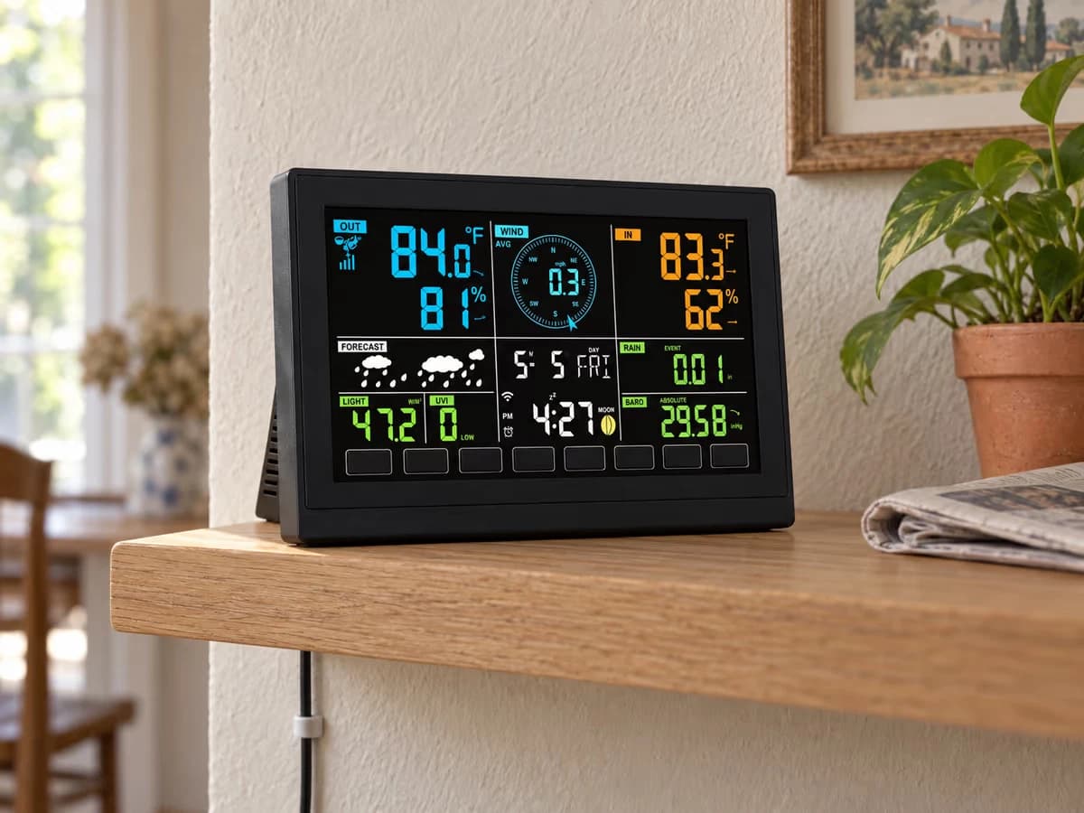 Console météo noire à écran couleur allumé, posée sur une étagère en bois clair, câble d'alimentation descendant le long du mur