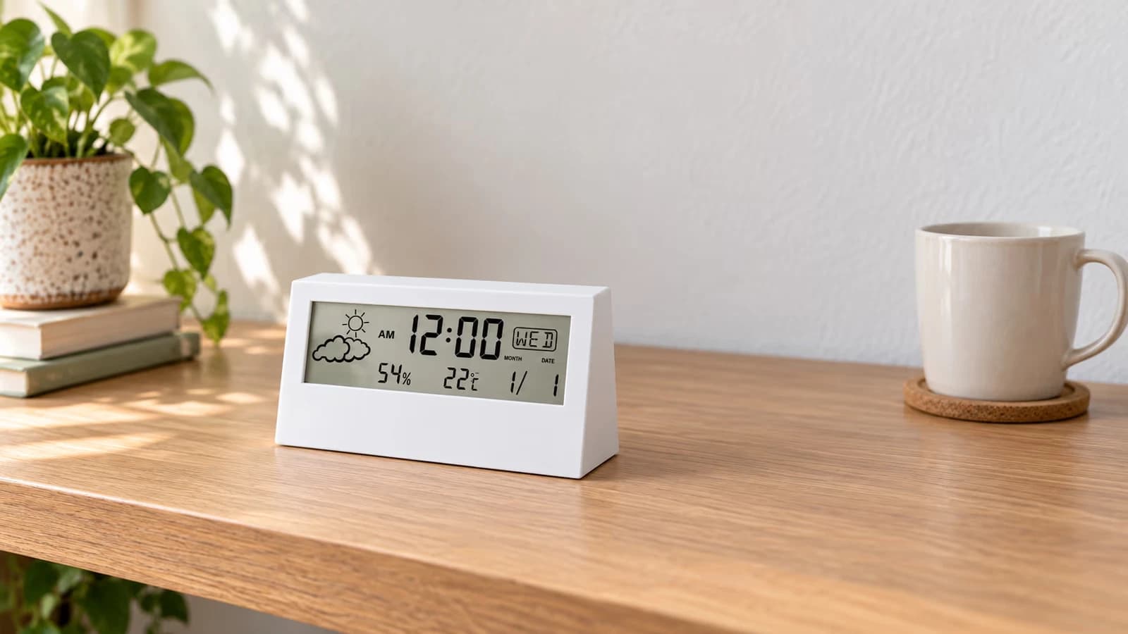 Bandeau translucide posé sur une étagère de bureau en bois clair, chiffres de l'heure visibles par transparence devant un mur blanc
