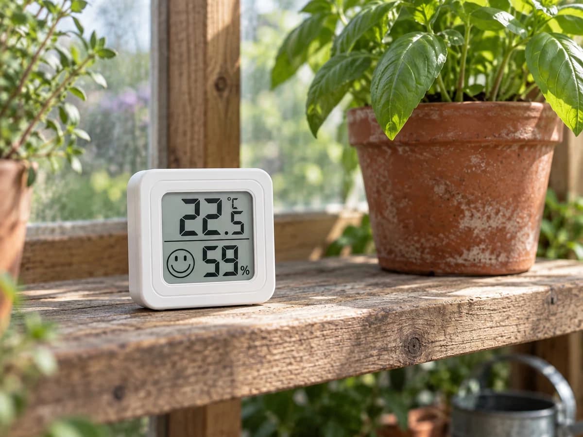 Boîtier blanc carré à écran LCD à deux lignes posé sur une étagère de serre en bois, pot de terre cuite et feuillage vert à côté
