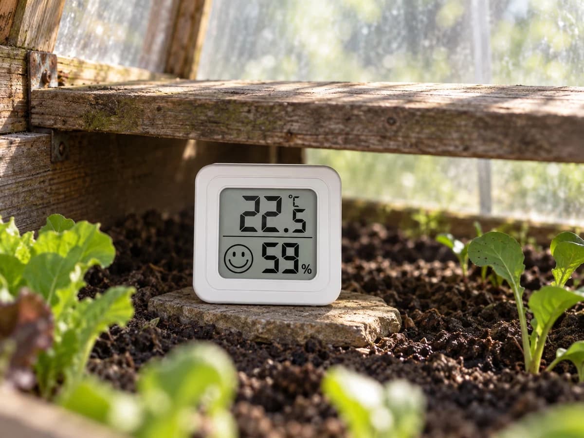 Boîtier blanc à deux lignes d'affichage abrité sous une planche de bois dans un châssis, film de protection flou et lumineux en arrière-plan