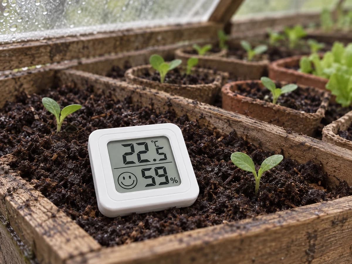 Petit boîtier blanc à écran LCD posé au niveau du terreau sur une tablette de semis, godets remplis et plantules courtes en arrière-plan sous lumière voilée