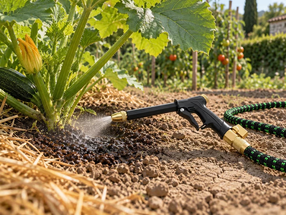 Jet en pluie fine posé au pied d'un plant de courge, terre sèche en surface et sombre en profondeur, paillage de paille en bordure