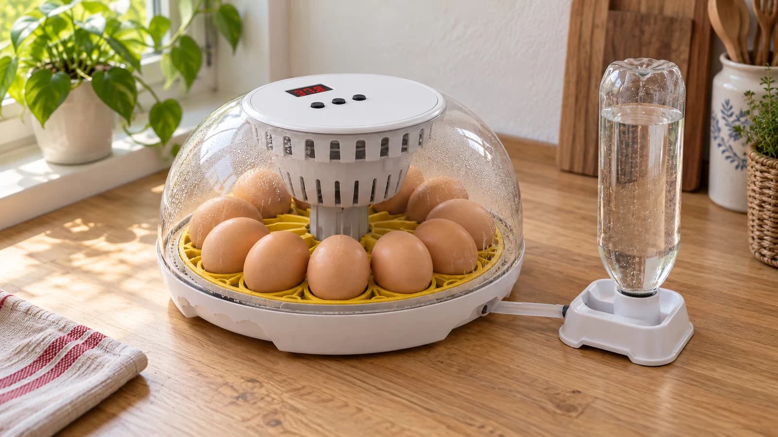 Couveuse blanche à dôme transparent bombé sur un plan de travail, douze oeufs bruns rangés dans les cases du plateau et bouteille d'eau reliée par un tuyau souple