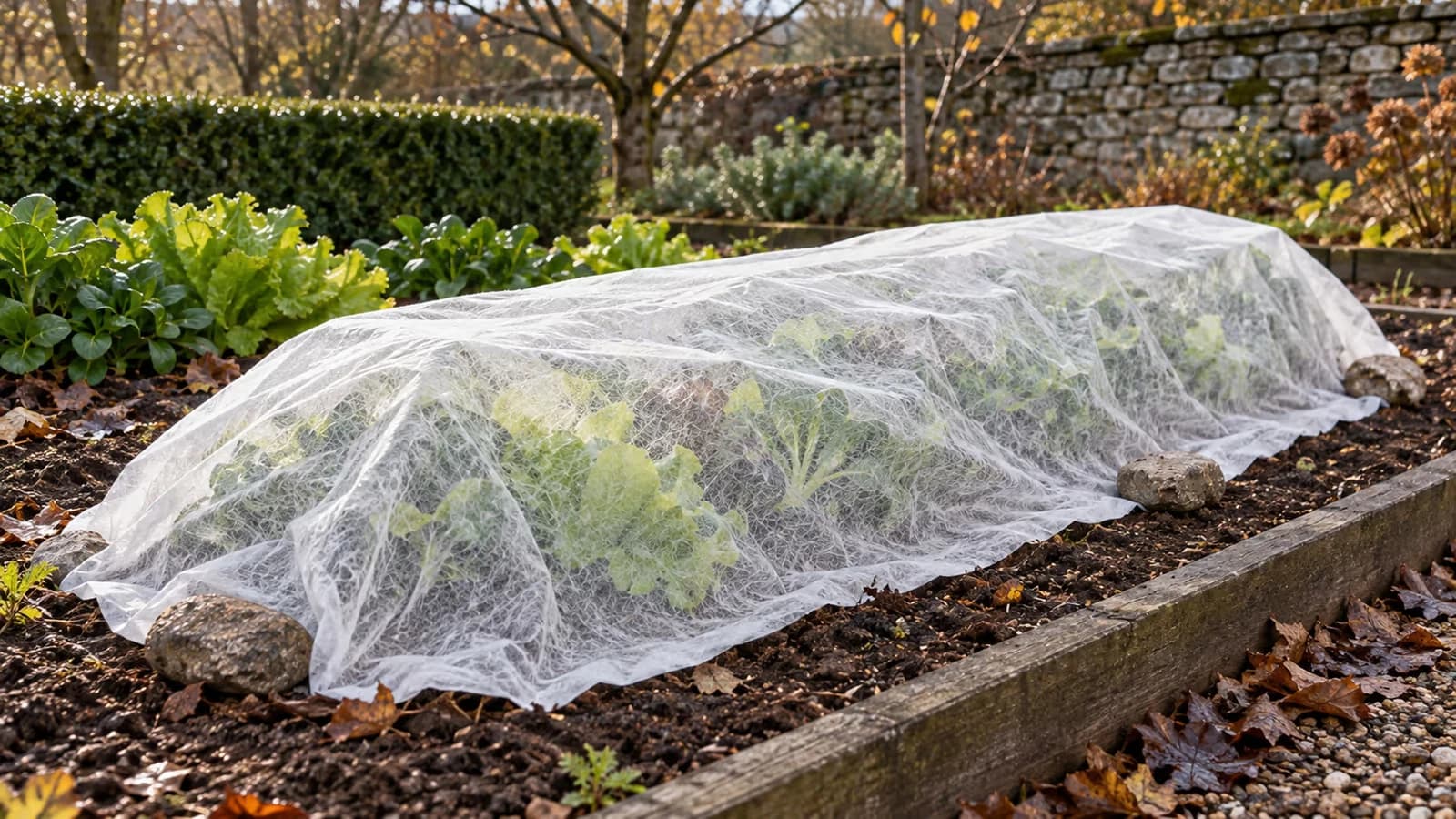 Voile d'hivernage blanc déroulé sur une planche de salades d'hiver, bords posés au sol