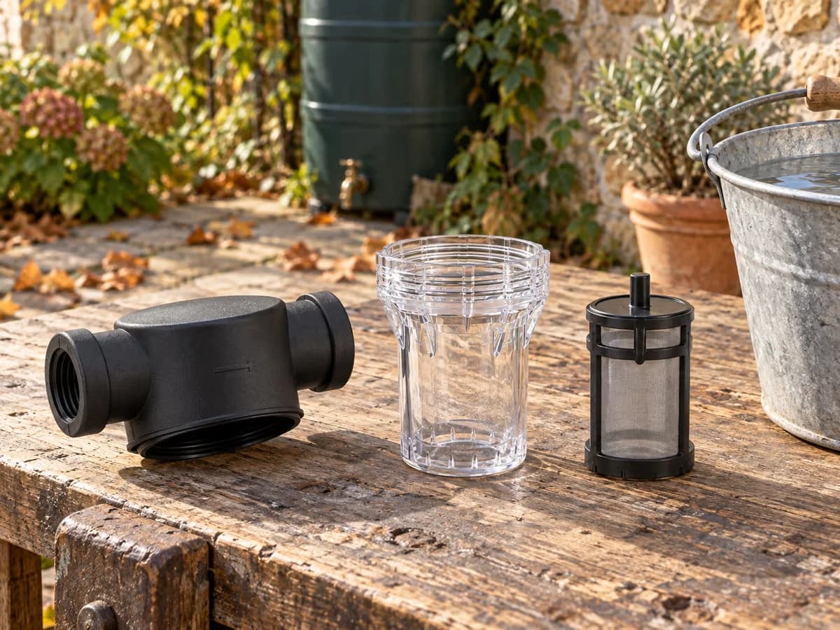 Préfiltre à bocal transparent dévissé posé près d'un seau, tamis inox amovible sorti du corps en plastique noir