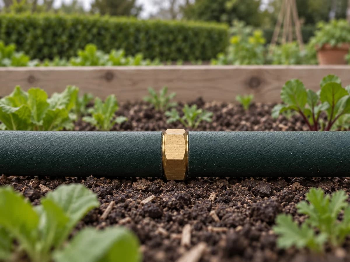 Deux tronçons de tuyau vert foncé réunis par un raccord brillant le long d'une bordure de potager