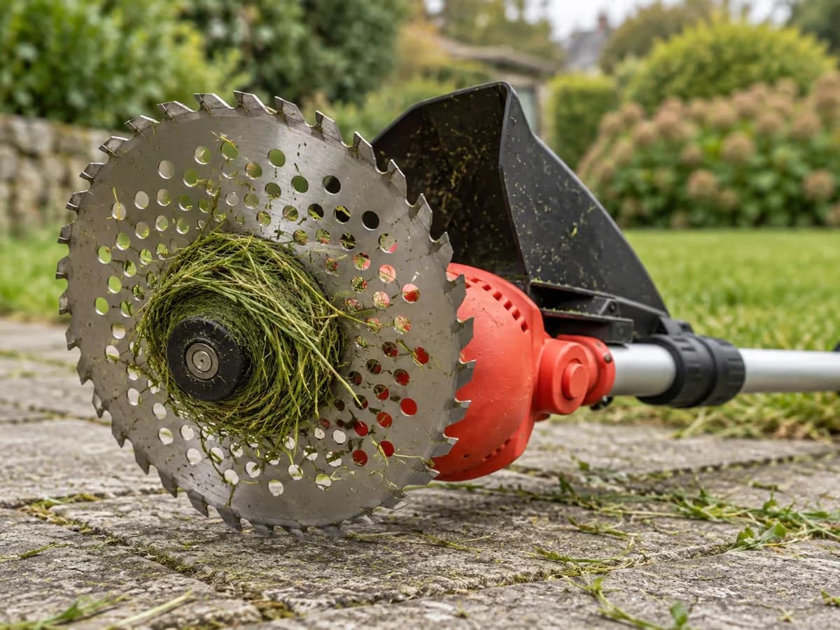 Herbe verte enroulée autour de l'axe d'une tête de coupe, vue de dessous, lame immobile, sur un carré de pavés