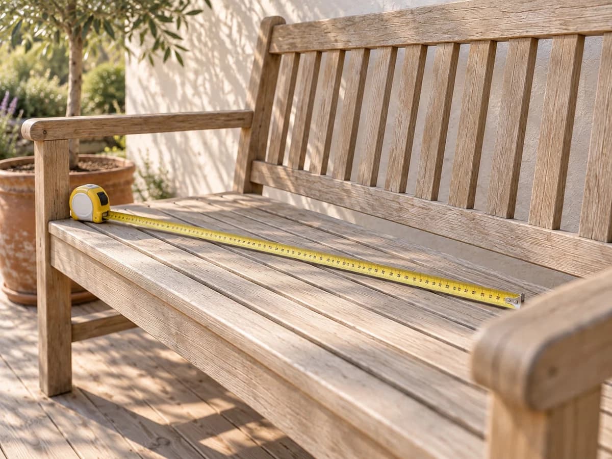 Mètre ruban déroulé le long de l'assise d'un banc de jardin en bois, entre les deux joues, terrasse en arrière-plan flou
