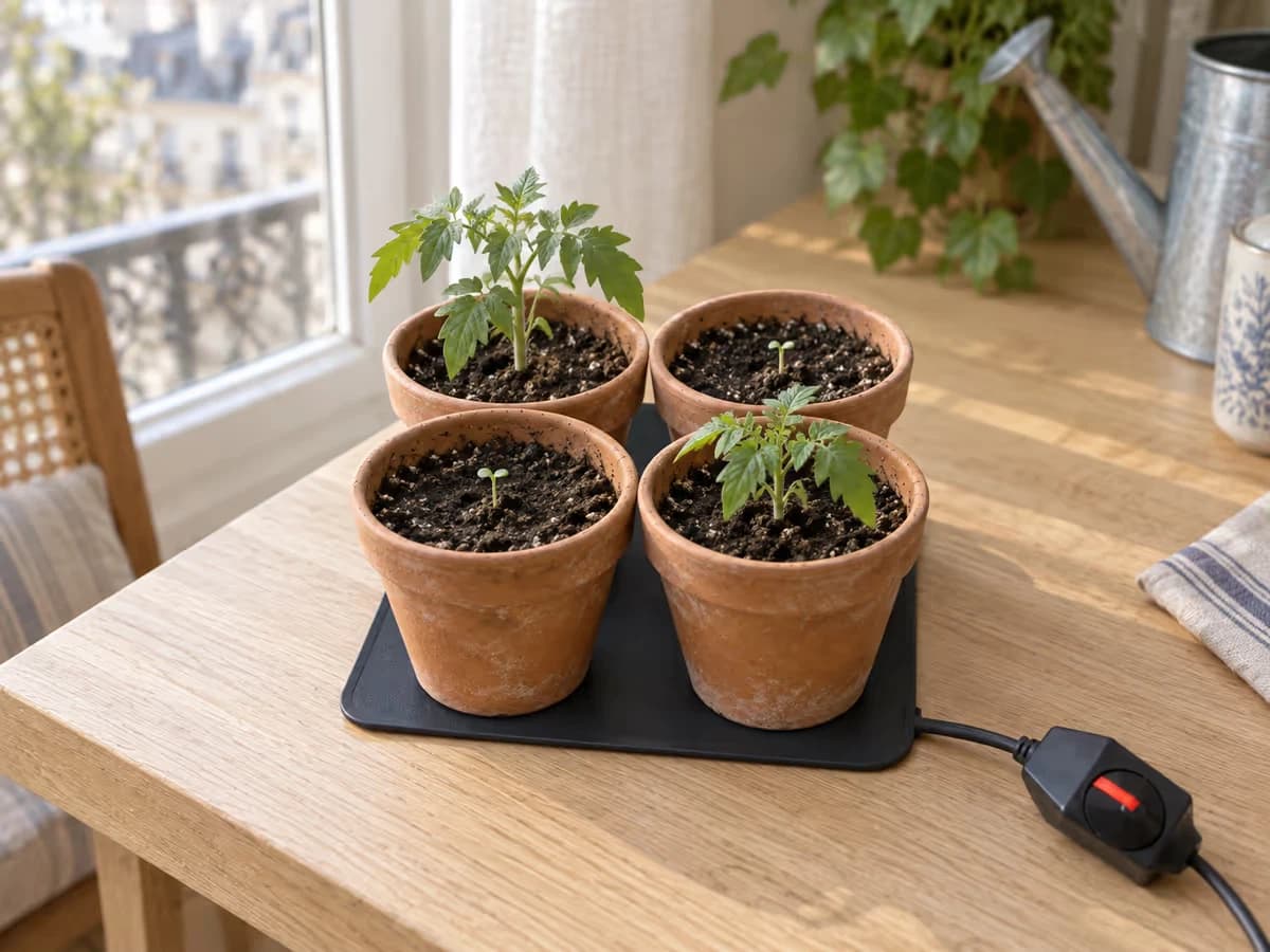 Quatre godets de semis posés sur une plaque chauffante noire, terreau humide, jeunes pousses de tomate