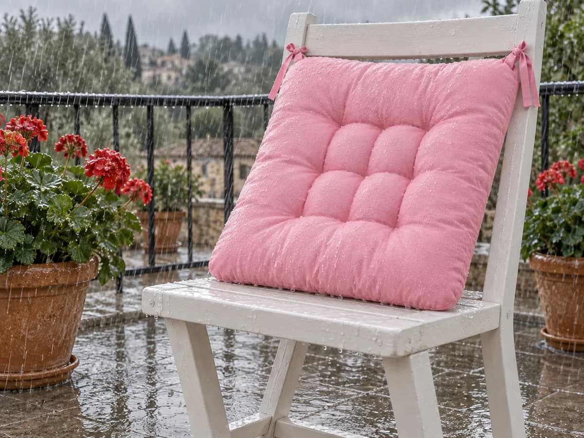 Chaise de balcon blanche sous une averse, coussin d'assise rose relevé contre le dossier, dalles mouillées et pots de géraniums