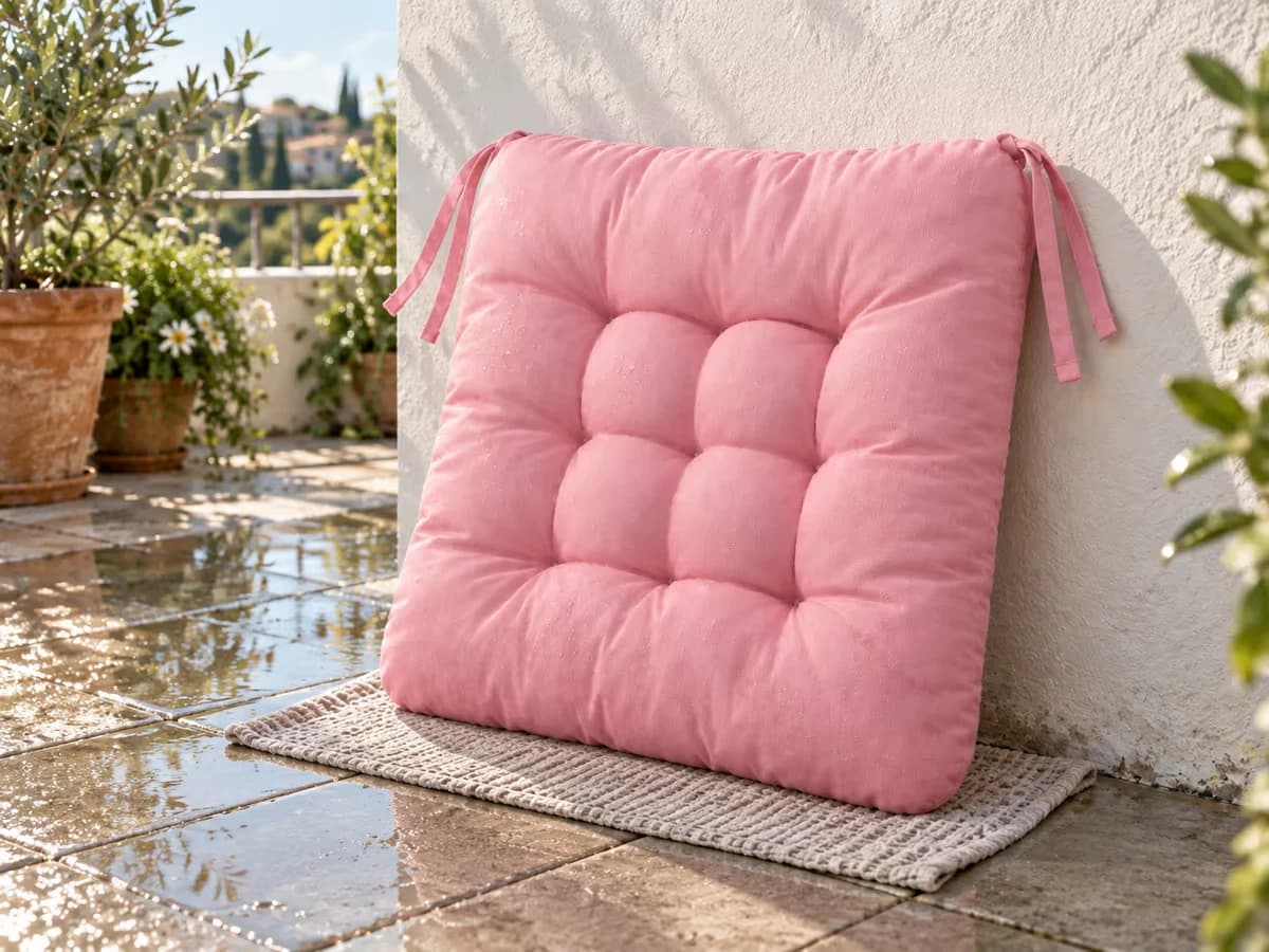 Coussin d'assise rose posé debout sur la tranche contre un mur de balcon, égouttoir dessous, lumière du matin