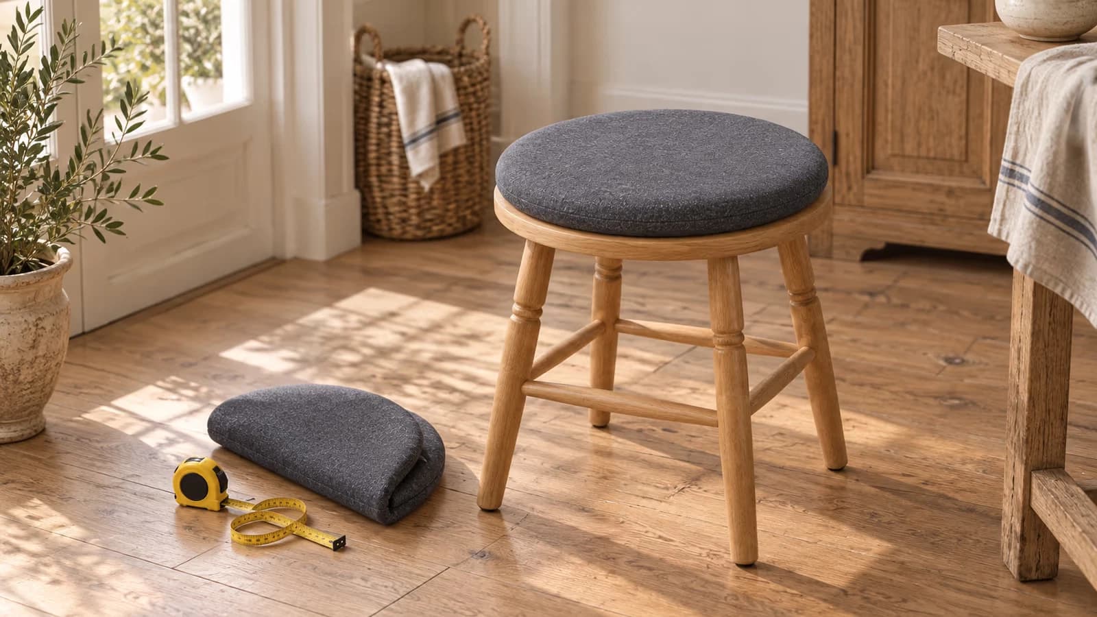 Galette de coussin de siège ronde en tissu gris chiné posée sur le plateau d'un tabouret en bois, mètre ruban replié posé à côté