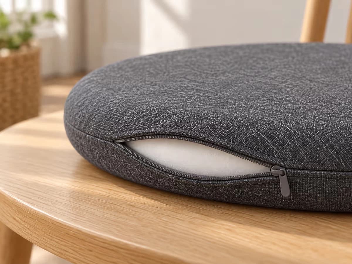 Fermeture à glissière ouverte sur le chant d'une galette de coussin ronde, noyau de mousse blanche visible sous la housse en tissu gris chiné