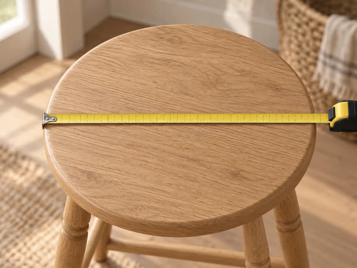 Mètre ruban posé en travers du plateau circulaire d'un tabouret en bois, lecture du diamètre près du bord