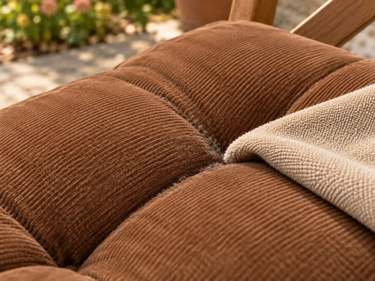 Gros plan sur les carrés piqués d'un coussin touffeté marron, une couture prise de côté où la poussière s'accumule