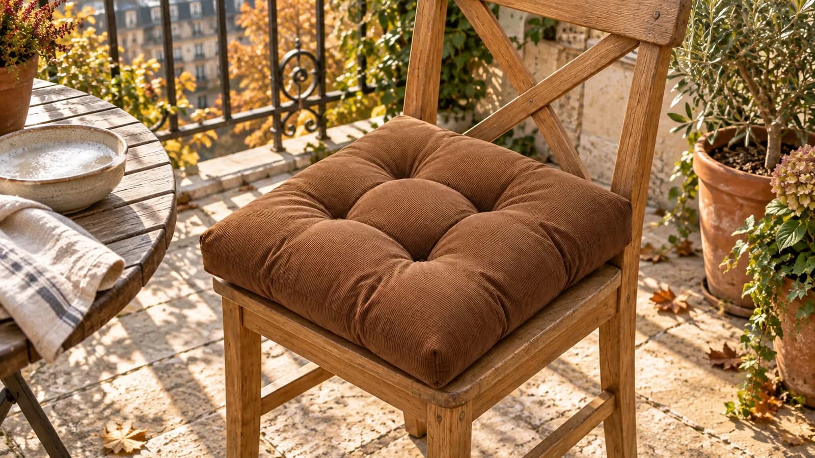 Coussin d'assise touffeté marron posé sur une chaise de balcon en bois, vue du capitonnage piqué au soleil d'automne