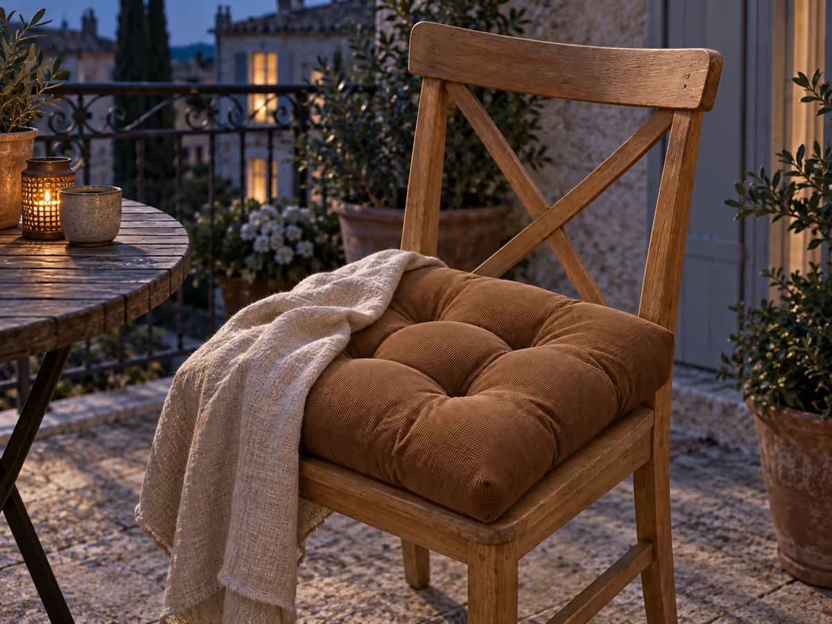Coussin d'assise marron sur une chaise de balcon la nuit, recouvert d'un linge beige, terrasse en ombre bleue