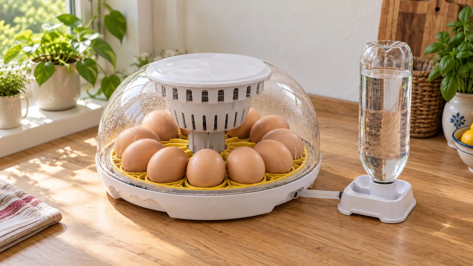 Couveuse blanche au dôme transparent posée sur un plan de travail, douze oeufs bruns sur le plateau, bouteille d'eau inversée sur son socle reliée par un tuyau