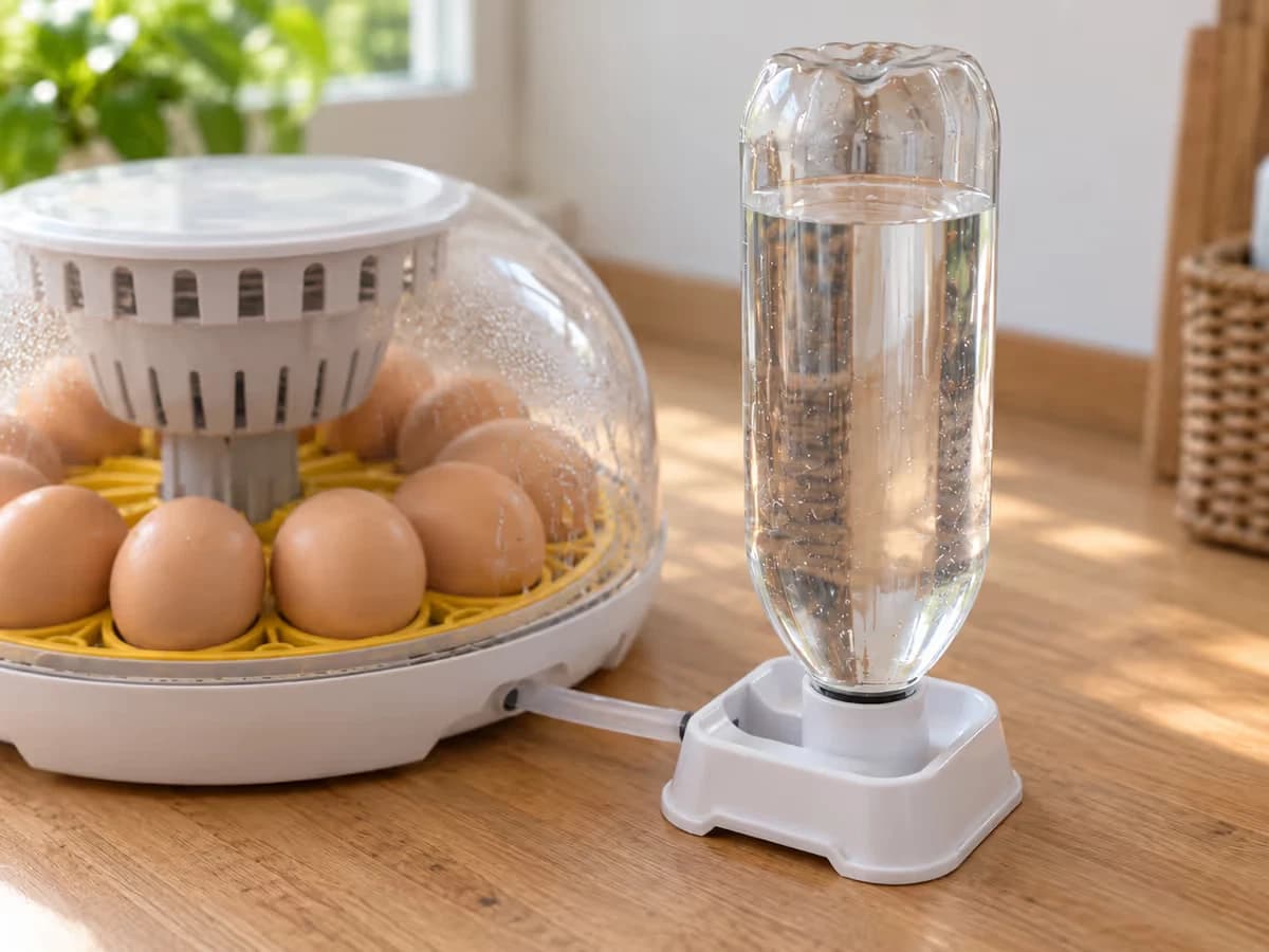 Bouteille d'eau transparente posée à l'envers sur son socle blanc, tuyau souple qui rejoint la base de la couveuse, plan de travail en bois